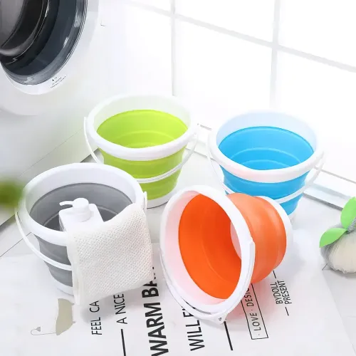 Складное силиконовое ведро Collapsible Bucket на 5 л, с ручкой, синее - фото 3