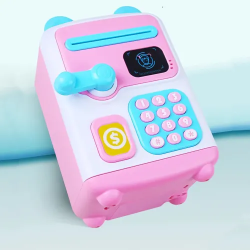 Детская копилка-сейф с кодовым замком и купюроприемником розовая face recognition moneybox - фото 5