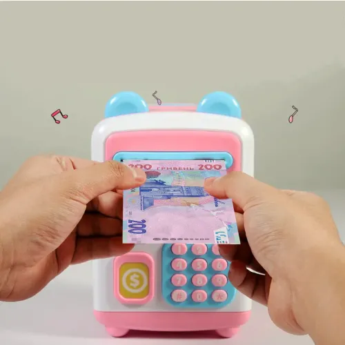 Детская копилка-сейф с кодовым замком и купюроприемником розовая face recognition moneybox - фото 6