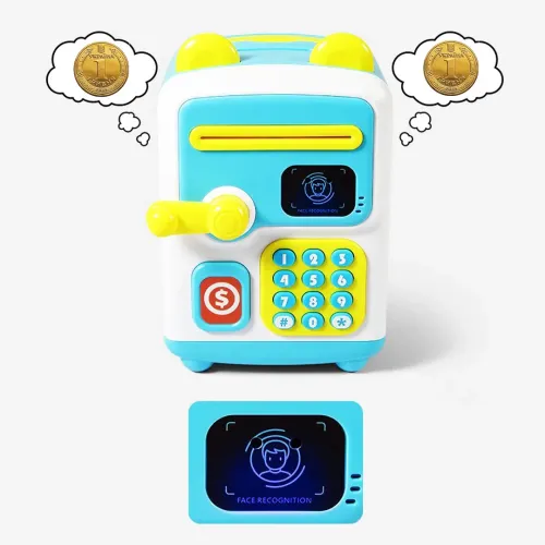 Детская копилка-сейф с кодовым замком и купюроприемником голубая  face recognition moneybox - фото 2