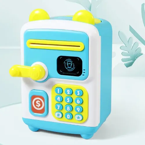 Детская копилка-сейф с кодовым замком и купюроприемником голубая  face recognition moneybox - фото 6