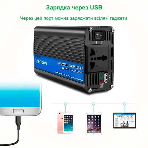 Преобразователь напряжения 1500W DC 12V в AC 220V TBE Power inverter, для авто и солнечных панелей, черный - фото 3