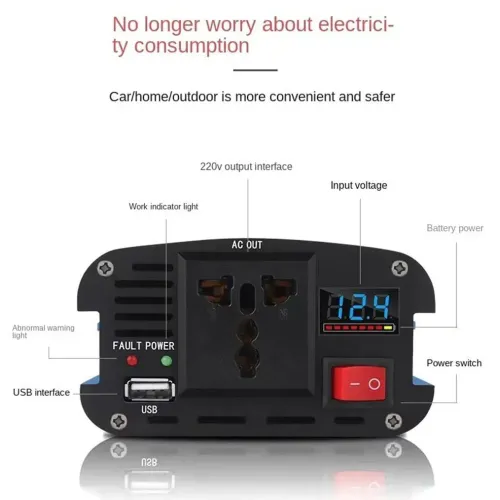 Инвертор-преобразователь напряжения Power inverter K-1000, 12В-220В, 1000Вт, USB3 - фото 4