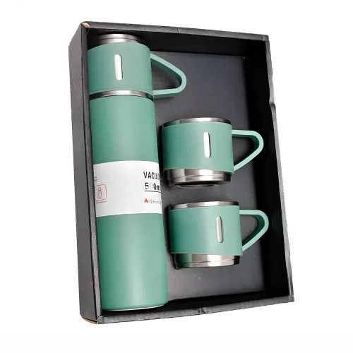 Термос с вакуумной изоляцией, Подарочный набор с 2 чашкам (500 мл )Vacuum flask set Зеленый - фото 2
