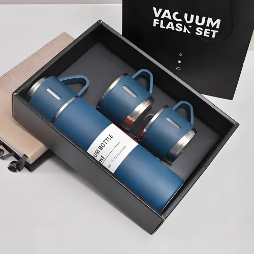 Термос с вакуумной изоляцией, Подарочный набор с 2 чашкам (500 мл )Vacuum flask set Синий - фото 2