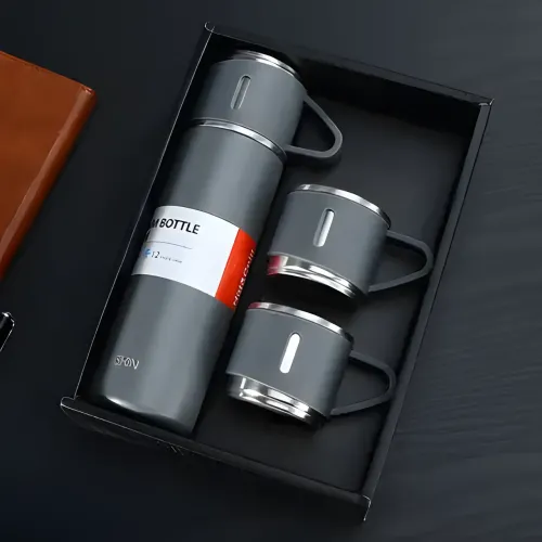 Термос с вакуумной изоляцией, Подарочный набор с 2 чашкам (500 мл )Vacuum flask set Серый - фото 2