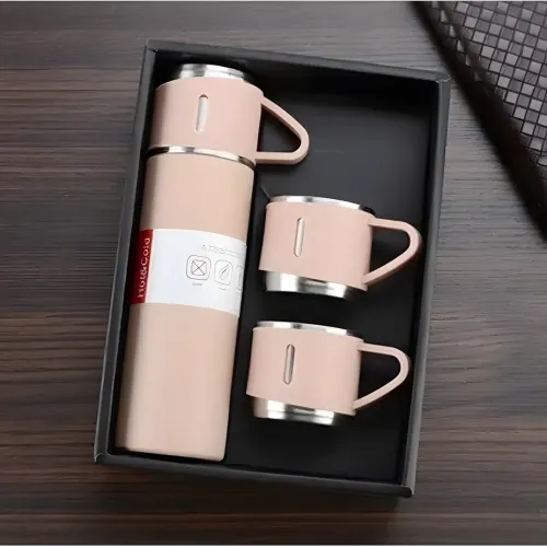 Термос с вакуумной изоляцией, Подарочный набор с 2 чашкам (500 мл )Vacuum flask set Бежевый - фото 2