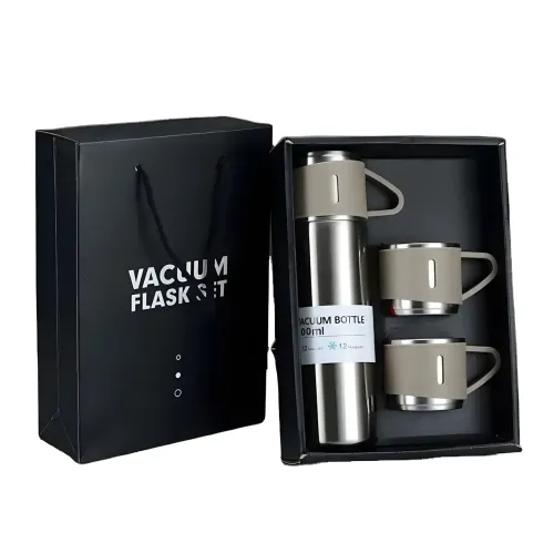 Термос с вакуумной изоляцией, Подарочный набор с 2 чашкам (500 мл )Vacuum flask set Серебряный - фото 2