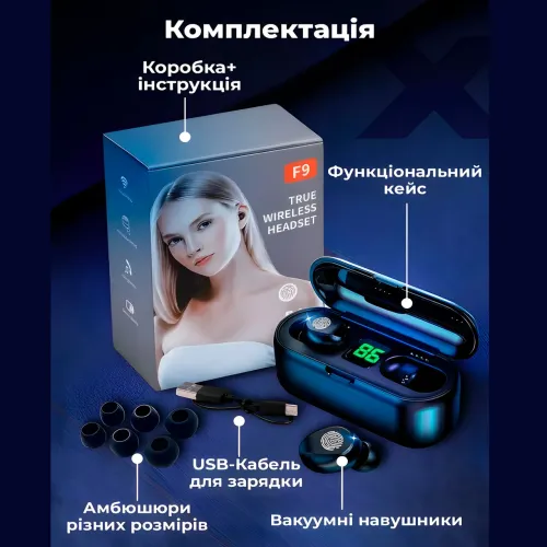 Беспроводные наушники Bluetooth F9 TWS WIRELESS, 2000 mAh - фото 8