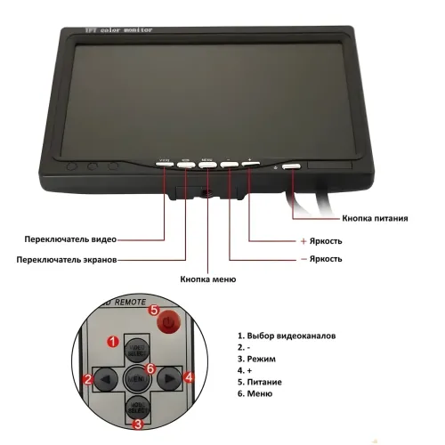 Автомобільний монітор LCD 7, для двох камер заднього огляду в автомобіль, двоканальний TFT LCD дисплей - фото 5