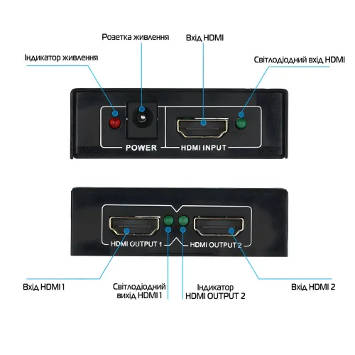 Активний HDMI-розгалужувач на 2 порти UHD, двоспрямований відео сплітер 4К - фото 4