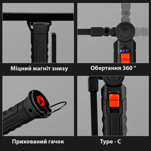 Фонарик на магните BL G61. Прорезиненный корпус, с крючком. USB-зарядка. Поворот 360° и 4 режима работы - фото 2