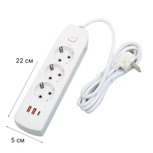 Сетевой удлинитель AND-16-20, евро на 3 розетки + 2 USB, Type-C, заземленная розетка, сетевой фильтр, белый - фото 2