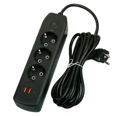 Сетевой удлинитель AND-16-20, евро на 3 розетки + 2 USB, Type-C, заземленная розетка, сетевой фильтр, белый Черный