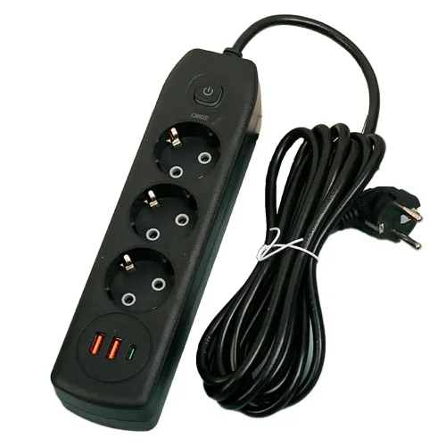Сетевой удлинитель AND-16-20, евро на 3 розетки + 2 USB, Type-C, заземленная розетка, сетевой фильтр, белый Черный