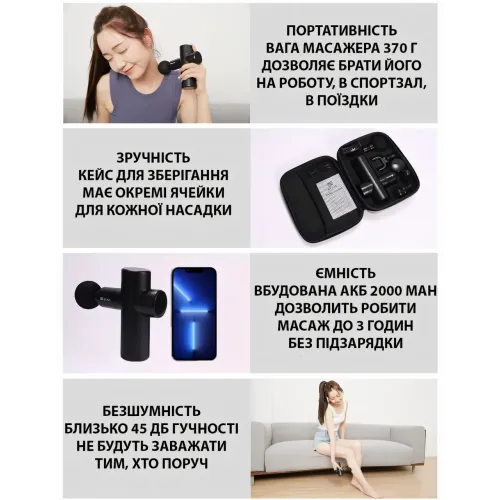 Перкуссионный массажер с 6 насадками, лимфодренажный массажер в кейсе Gun Massager, вибромассажер - фото 2