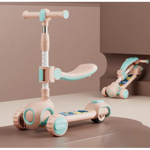 Скутер 3 в 1, детский трехколесный самокат Scooter H066 с подсветкой колес, складная конструкция, 3-12 лет Розовый