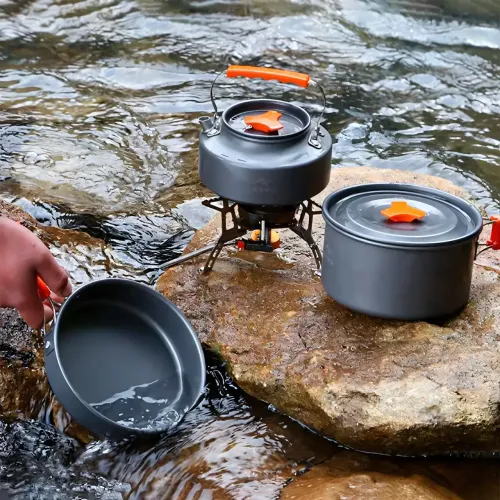 Набор туристической посуды Camping cooking, металлический походной комплект: чайник, сковорода, кастрюля - фото 8