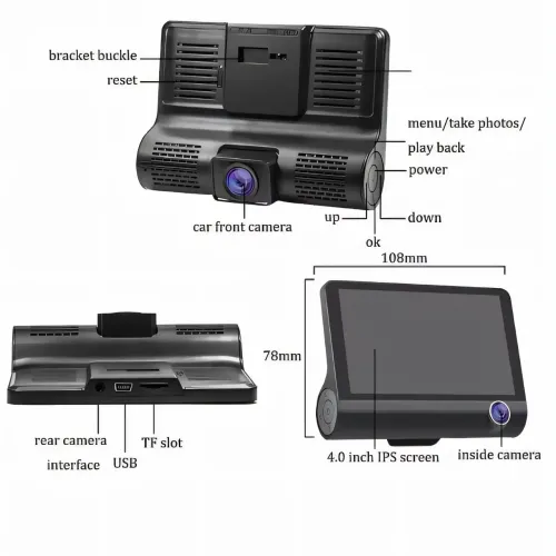 Авторегистратор DVR T-655 Full HD с 3 объективами, видеорегистратор в машину 4 дюйма с камерой заднего вида - фото 4