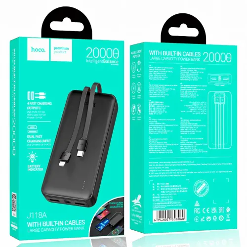 Внешний аккумулятор 20000mAh, Power bank HOCO J118A, быстрая зарядка, встроенный кабель - фото 6