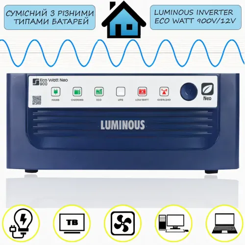 Инвертор LUMINOUS INVERTER ECO WATT 900V/12V, гибридный ИБП с чистой синусоидой