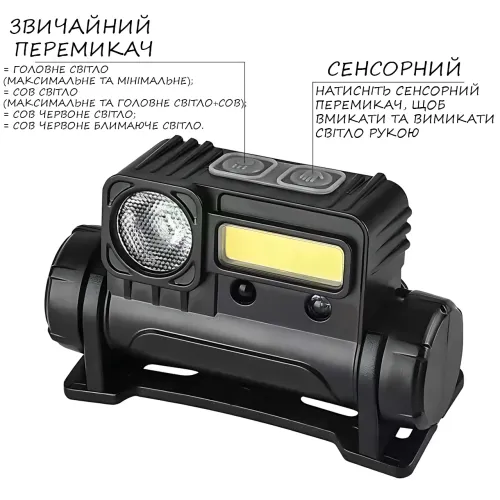 Налобный фонарь BL 123 COB с датчиком движения, фонарик с магнитным креплением + USB зарядка, металл - фото 6