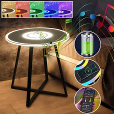 Музыкальный столик с подсветкой RGB, круглый стеклянный журнальный столик с зарядкой и колонкой, Bluetooth