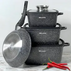 Набор посуды Bellmax Cookware Set BM-132, квадратные кастрюли с гранитным покрытием, сковорода, прихватки