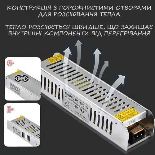 Адаптер 12V 35A METAL Long, імпульсний блок живлення — 300 W, пасивне охолодження, IP20 - фото 14