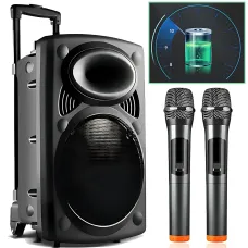 Портативная колонка Su-Kam BT 150D + 2 микрофона, большая колонка 12v\220v с Bluetooth на аккумуляторе