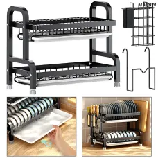 Сушилка для хранения посуды и ножей Dish Storage With Knife, двухъярусная, 43x23x39 см, металлическая, черный