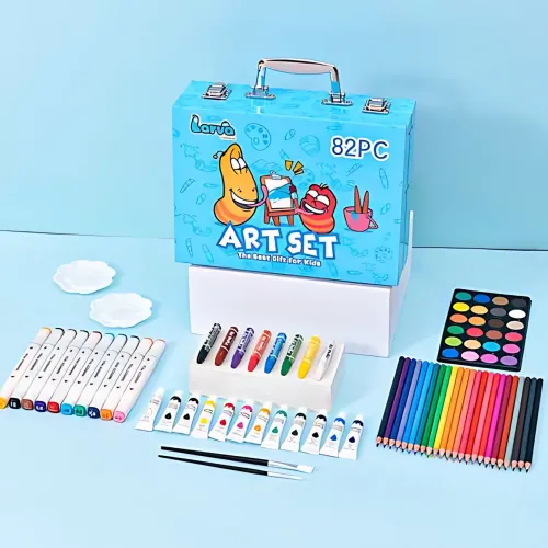 Набір для малювання Art Set, олівці, маркери, фарби в пластиковому блакитному валізці, 82 предмети - фото 4