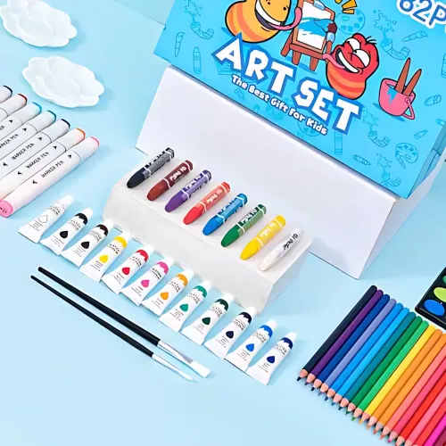 Набір для малювання Art Set, олівці, маркери, фарби в пластиковому блакитному валізці, 82 предмети - фото 6