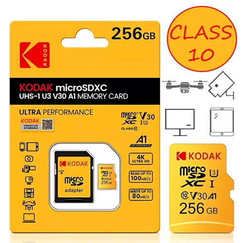 Высокоскоростная карта памяти microSD Kodak 256 GB class 10 с адаптером