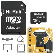 Карта памяти Hi-Rali MicroSDXC & Adapter, интерфейс UHS-3, скорость Class 10, объем 128Gb, Black