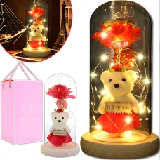 Роза в стеклянной колбе Rose of Love с LED подсветкой и плюшевым мишкой с надписью I LOVE YOU, красный