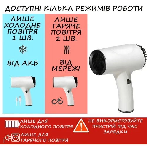 Беспроводной фен для волос Portable Hair Dryer, 2600 mAh, 500 Вт, с горячим и холодным обдувом и ионизацией Зеленый - фото 4