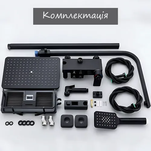 Настенный накладной душевой гарнитур с дисплеем термостата, душевая система: 4 функции, черный хром - фото 10