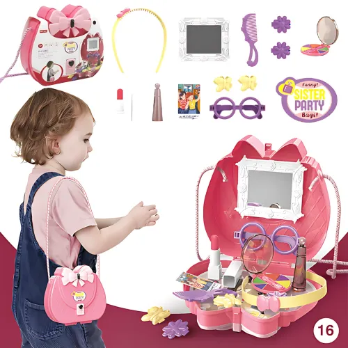 Детский косметический набор в розовой сумочке с зеркалом Kids Pretend Toy Bag, 16 предметов