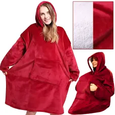 Huggle Hoodie: Двусторонняя плюшевая Толстовка-Плед, теплое худи покрывало, 80x100 см Малиновый