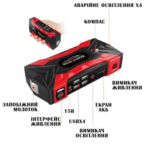 Пуско-зарядное устройство JUMPSTARTER QY33, 12 В, 99800 мАh, 500 А, фонарь, зарядка для телефона - фото 6