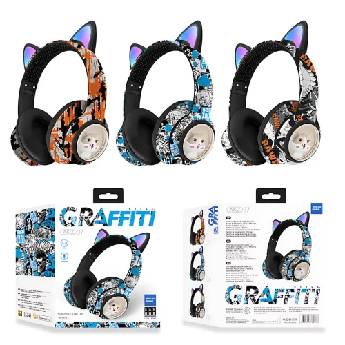 Беспроводные накладные наушники GRAFFITI AKZ-37, с кошачьими ушками и Led подсветкой, микрофоном Черный - фото 8