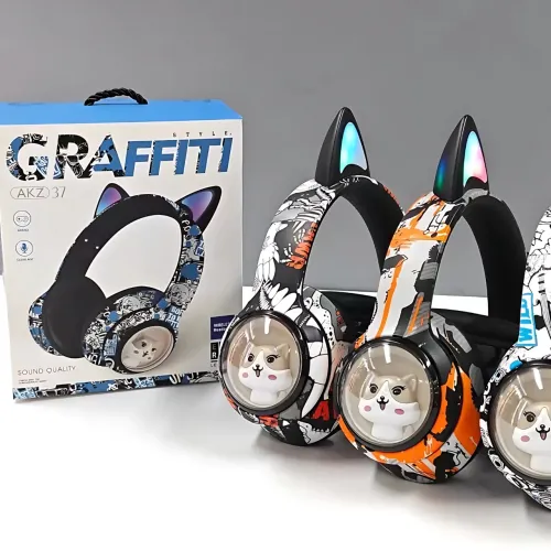 Беспроводные накладные наушники GRAFFITI AKZ-37, с кошачьими ушками и Led подсветкой, микрофоном Черный - фото 5