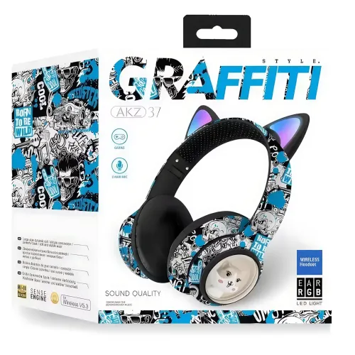 Беспроводные накладные наушники GRAFFITI AKZ-37, с кошачьими ушками и Led подсветкой, микрофоном Синий - фото 9