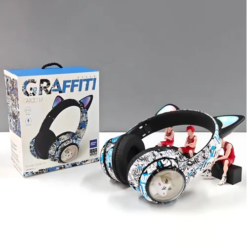 Беспроводные накладные наушники GRAFFITI AKZ-37, с кошачьими ушками и Led подсветкой, микрофоном Синий - фото 5