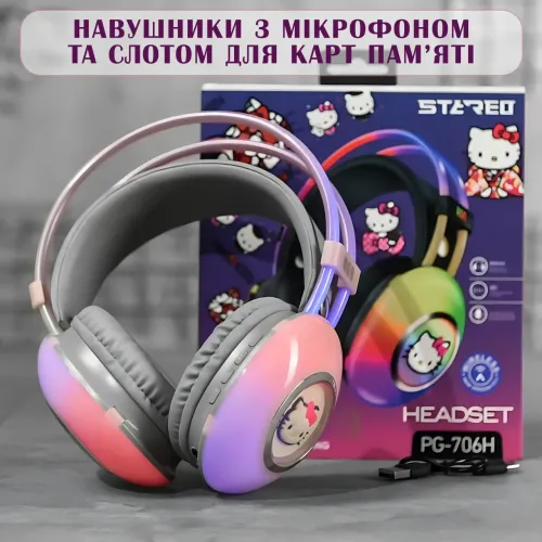 Наушники Bluetooth Hello Kitty PG-706H с RGB подсветкой, микрофоном, поддержкой карт памяти - фото 7