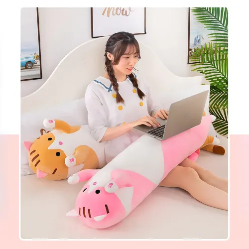 Мягкая игрушка Кот Батон, 110 см, из плюша и хлопка, серая Розовый - фото 9