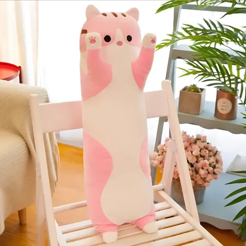 Мягкая игрушка Кот Батон, 110 см, из плюша и хлопка, серая Розовый - фото 4