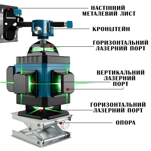 Лазерный 4D уровень строительный, 16 линий, зеленый луч, с пультом, в тканевом чехле с 2 аккумуляторами - фото 6