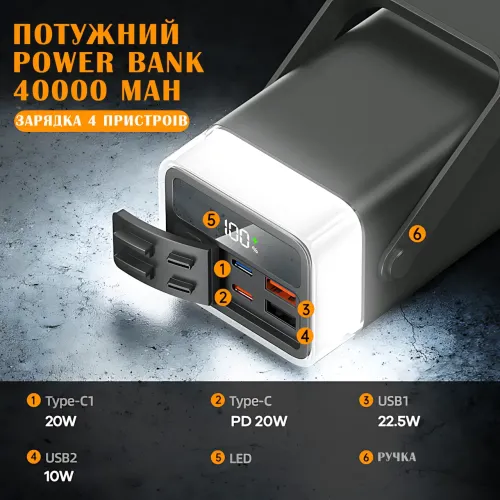 Power Bank LENYES PX492D 40000mAh, 22.5W, 4 порта USB-A и Type-C - фото 7